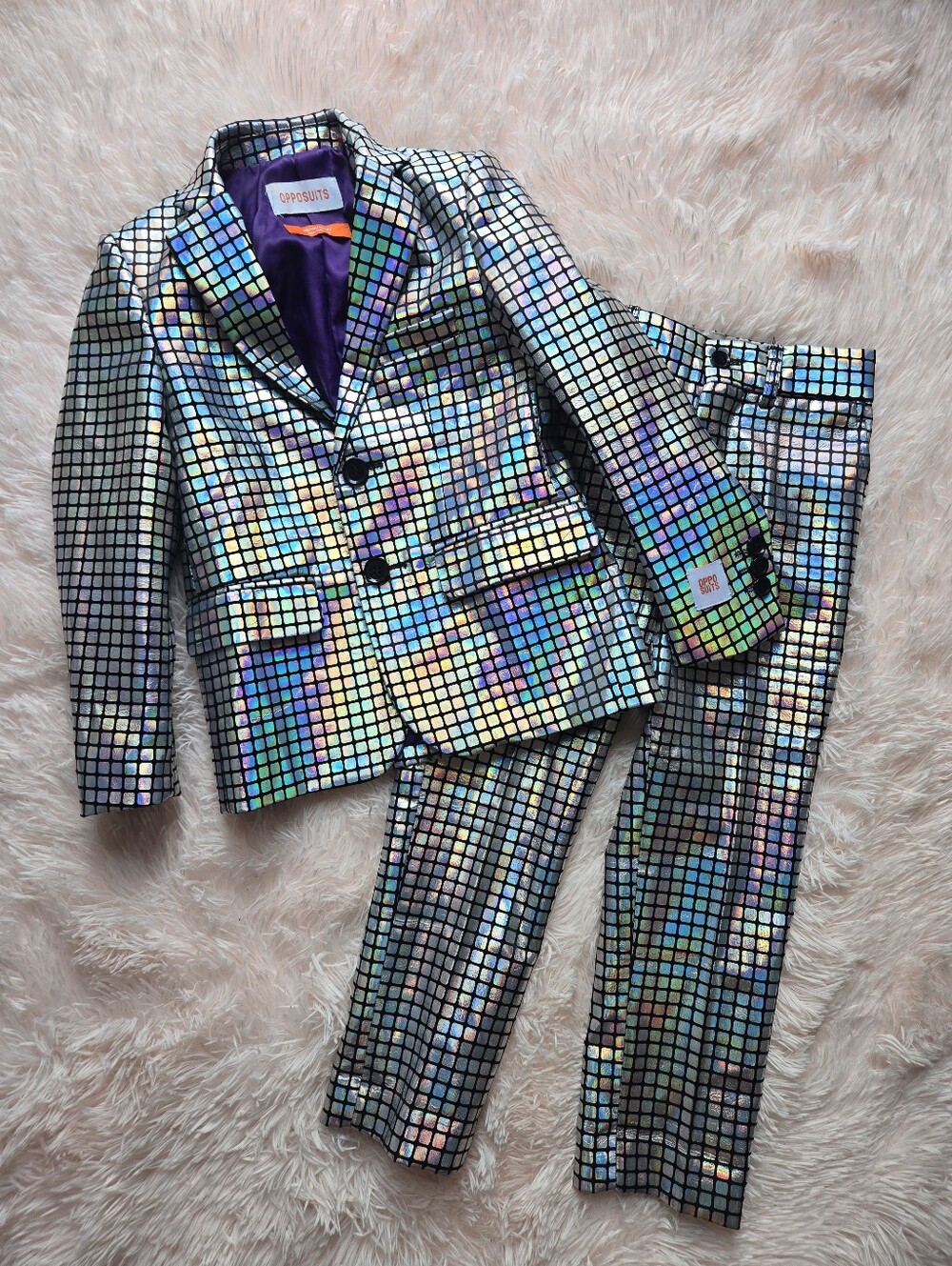 Boys OppoSuits Iridescent Holographic Checkered Blazer & Pants - Silver Multi